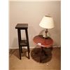 Image 1 : Vintage Woode Side Table w/ Removable Glass Top, Brass Coloured Lamp, and Plant Stand