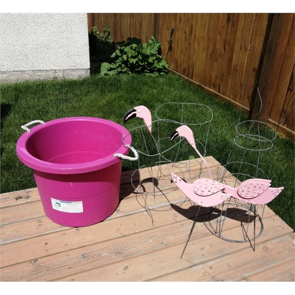 Large Pink Bucket, 4 x Tomato Frames, and 2 x Flamingo Lawn Ornaments