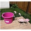 Image 1 : Large Pink Bucket, 4 x Tomato Frames, and 2 x Flamingo Lawn Ornaments
