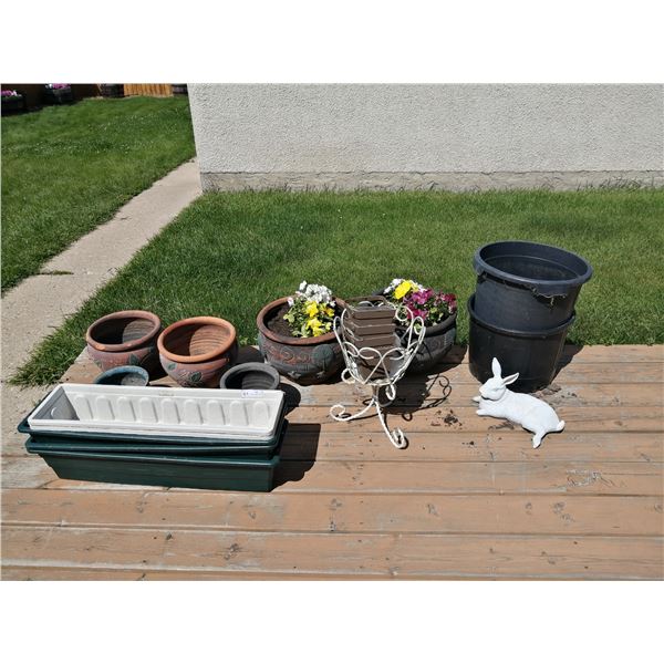 Assorted Flower Pots (WITH CONTENTS), Planters, and Lawn Decorations