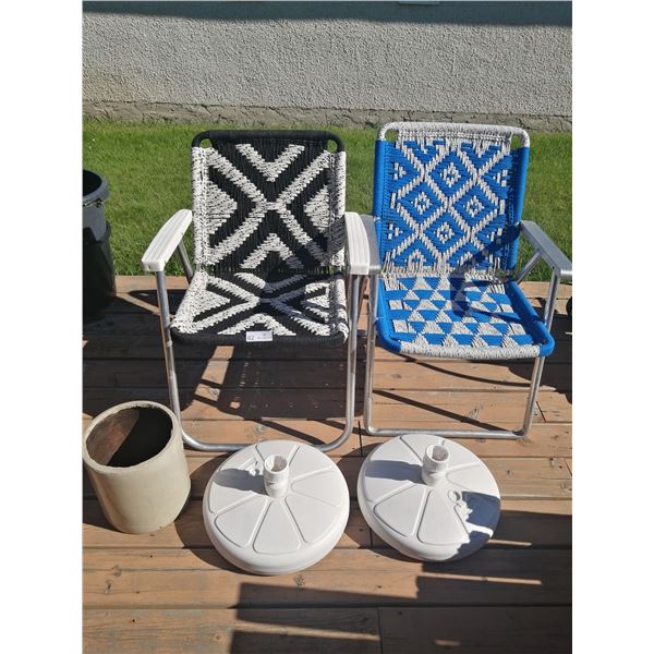 2 x Homemade Woven Lawn Chairs, 2 x Umbrella Stands, and Pottery Jug (Cracked)