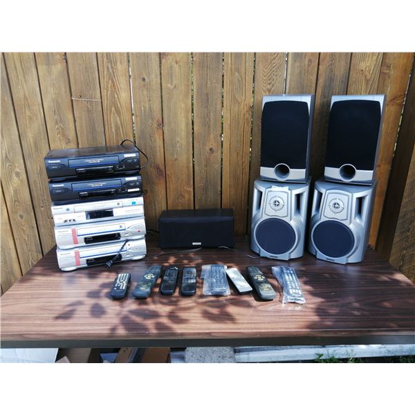 5 x Panasonic VCR Players, 2 x AIWA Speakers, 2 x Memorex Speakers, and a Kenwood Subwoofer