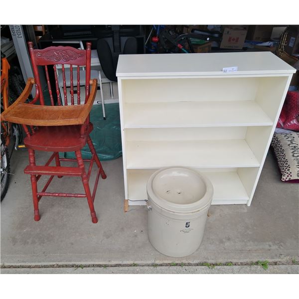 Medalta Pottery Jug, Vintage High Chair, and Book Shelf