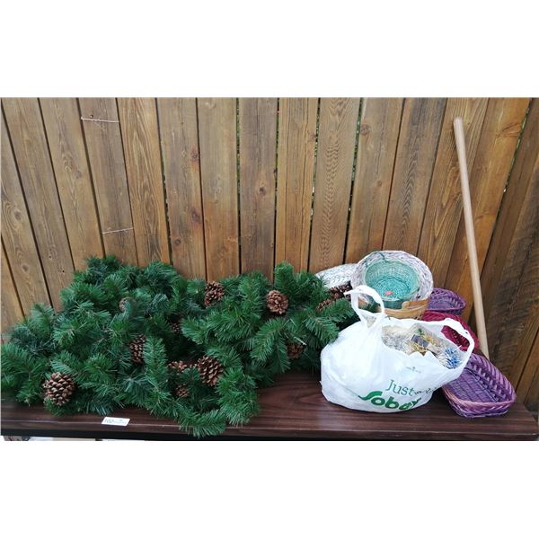 Assorted Christmas Decorations, Baskets, Garland, Pine Cones