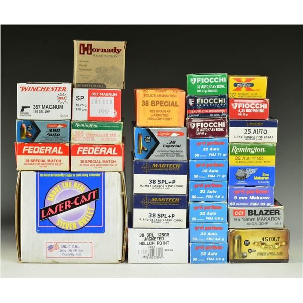 28+ BOXES VARIOUS HANDGUN AMMUNITION.