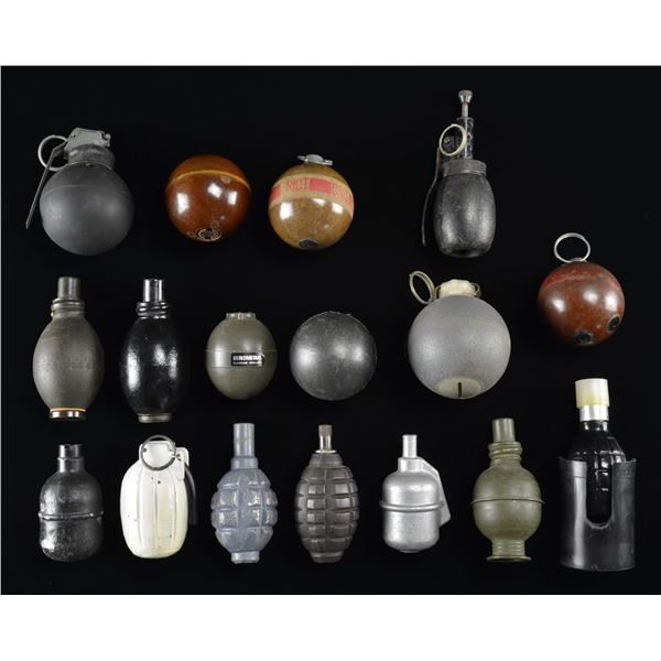 13 INERT / TRAINING GRENADES & 4 GRENADE BODIES.