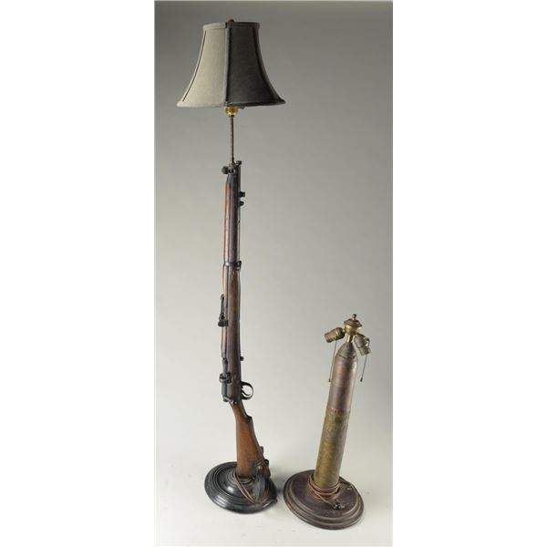 WWI SHELL TRENCH ART & SMLE RIFLE LAMPS.