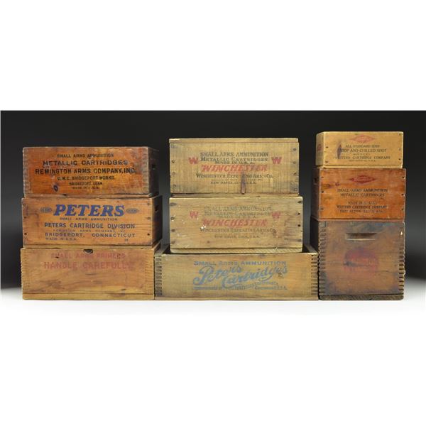 9 WOODEN CRATES FOR RIFLE & PISTOL AMMO.