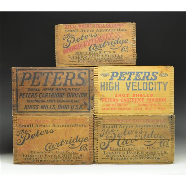 5 PETERS WOODEN CRATES FOR AMMO.