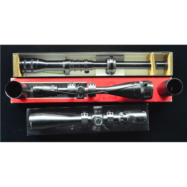 3 RIFLE SCOPES & 3 - 50MM SUN SHADES.