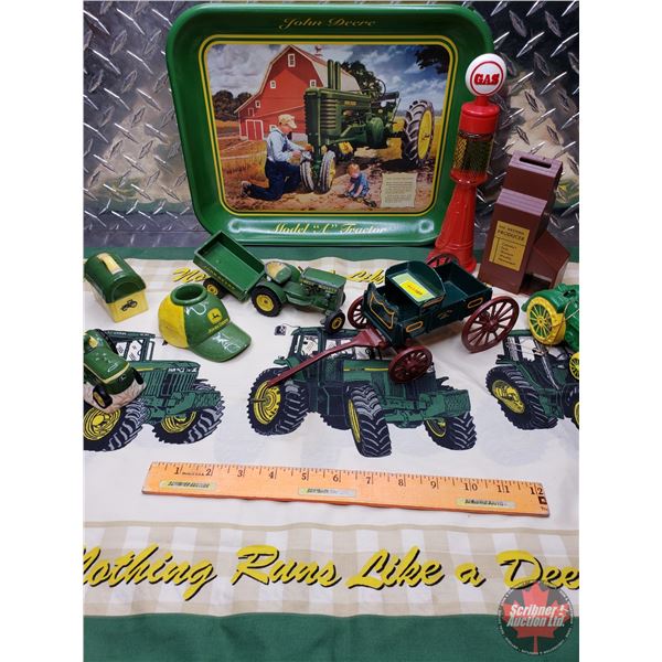 John Deere Collector Combo: Tray, S&P Shakers, Toy Tractor, Wagon, Tea Towel, Coin Bank, etc (SEE PI