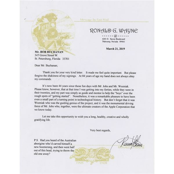 Apple: Ronald Wayne Typed Letter Signed
