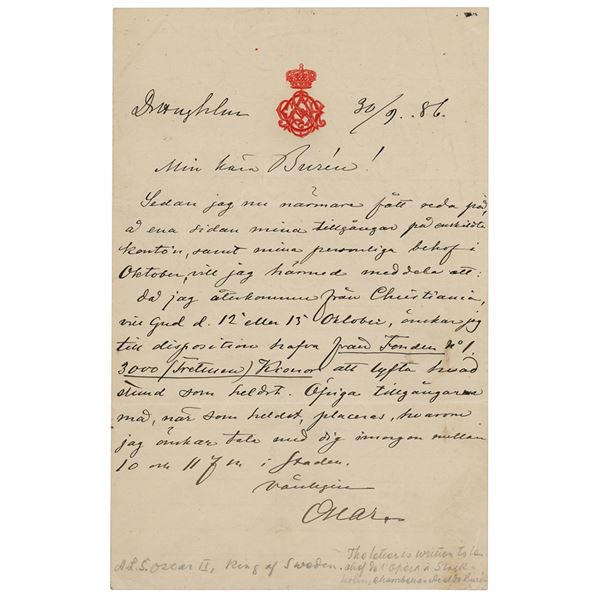 King Oscar II of Sweden Autograph Letter Signed