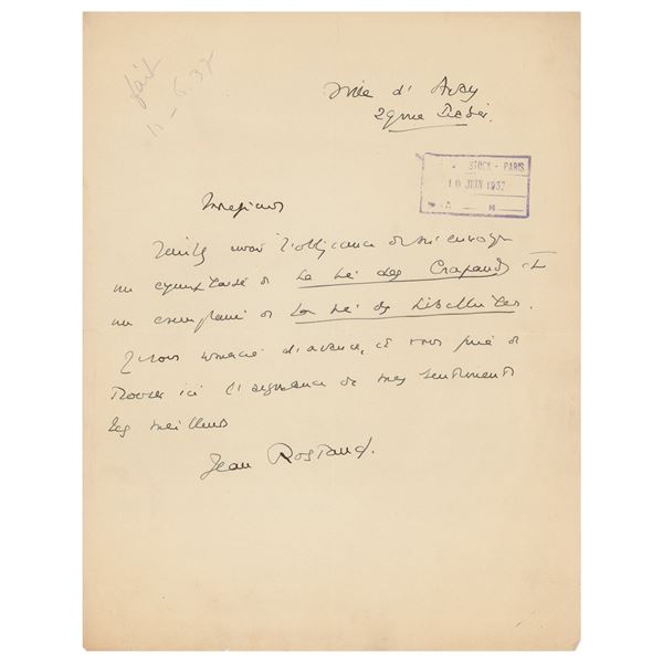 Jean Rostand Autograph Letter Signed