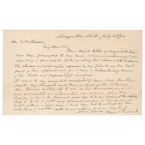 George Shiras, Jr. Autograph Letter Signed
