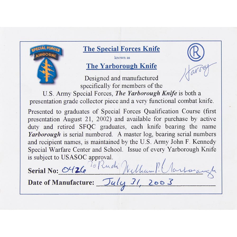 William P. Yarborough TwiceSigned Special Forces 'Yarborough Knife,' S