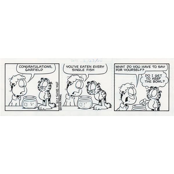 Jim Davis Original Signed and Hand-Drawn Garfield Comic Strip: February 23, 2002