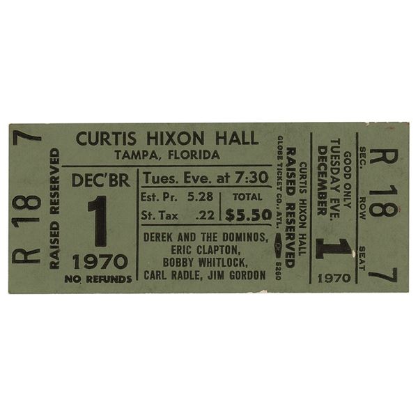 Duane Allman and Eric Clapton: Derek and Dominos 1970 Tampa Concert Ticket