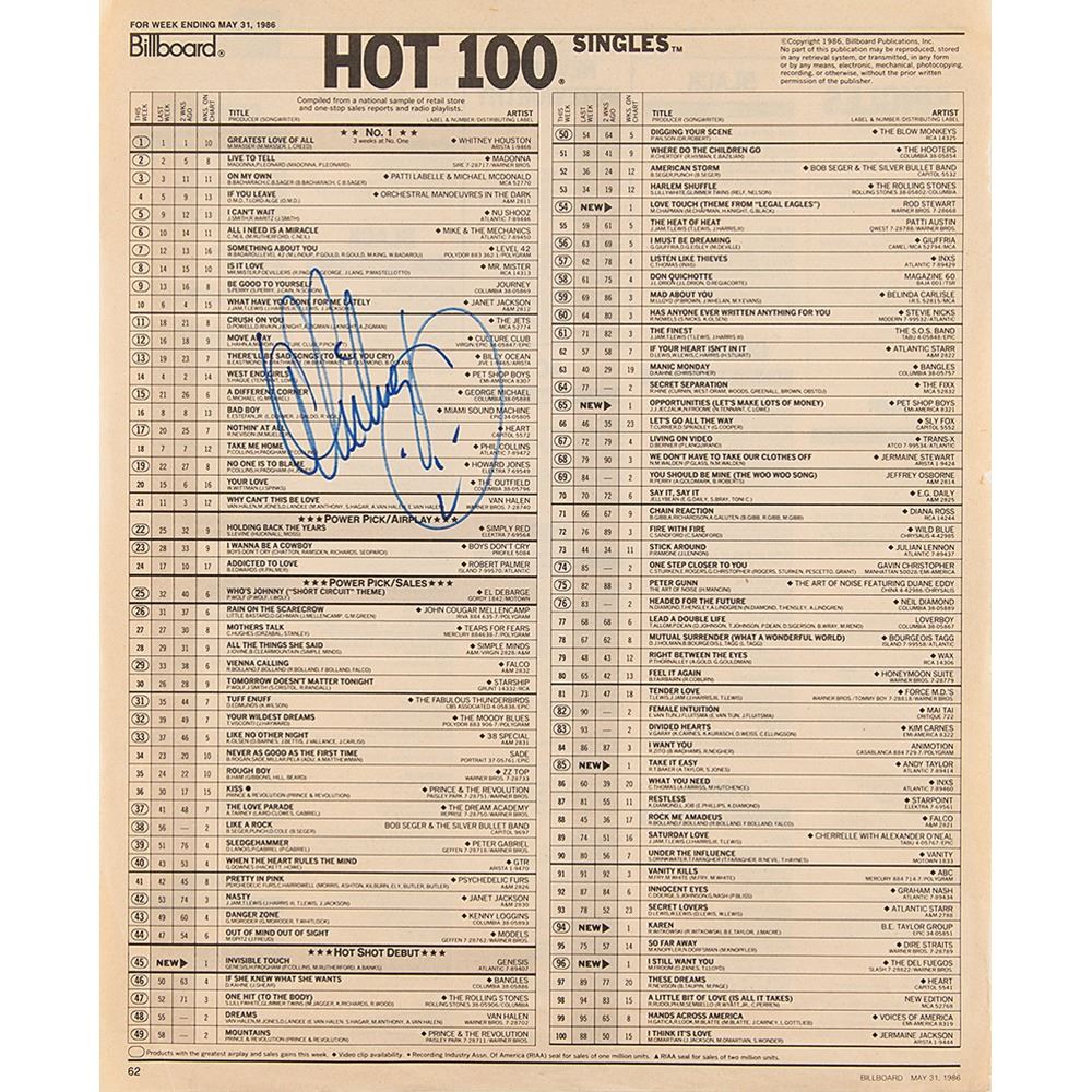 Whitney Houston Signed Billboard Chart