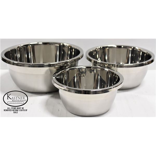 3 NEW STAINLESS STEEL MIXING BOWLS - 7"-8.5"-10"