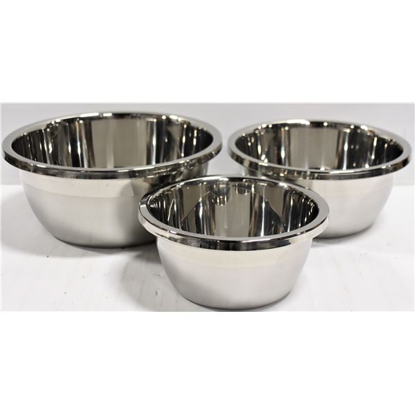 3 NEW STAINLESS STEEL MIXING BOWLS - 7"-8.5"-10"