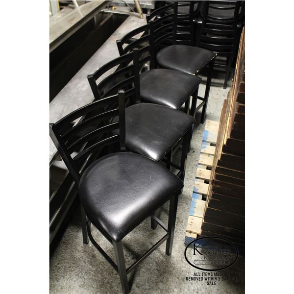 FOUR PADDED BLACK BAR HEIGHT CHAIRS W/ METAL FRAME