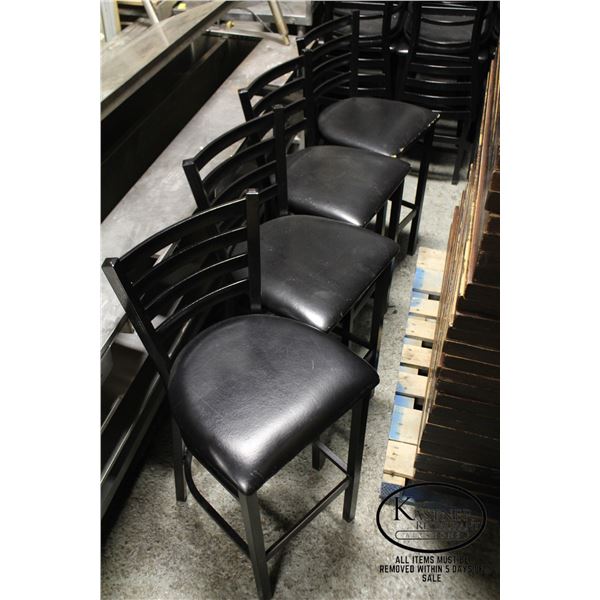 FOUR PADDED BLACK BAR HEIGHT CHAIRS W/ METAL FRAME