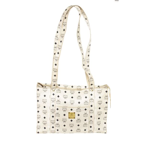 MCM Vintage White Monogram Leather Long Straps Large Tote Bag