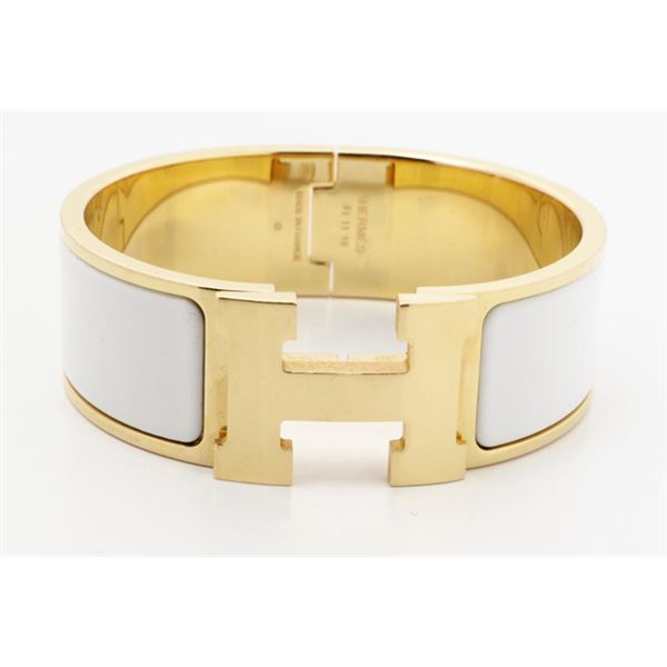 Hermes White Metal Clic Clac Wide Bangle Bracelet GHW