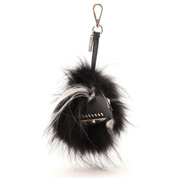 Fendi Monster Bug Bag Charm Fur with Leather Black