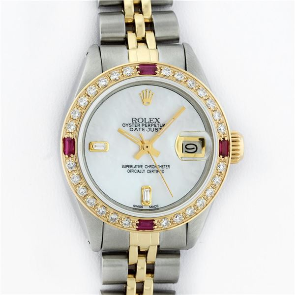 Rolex Ladies 2 Tone MOP & Ruby Diamond Datejust Wristwatch 26MM