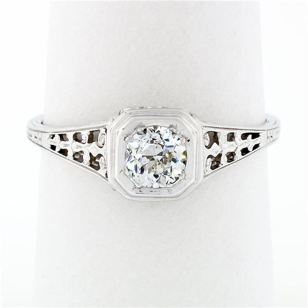 Antique Art Deco 18k Gold European Diamond Solitaire Filigree Engagement Ring