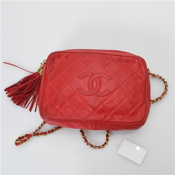 Chanel Red Quilted Lambskin Leather CC Logo Tassel Camera Crossbody Bag