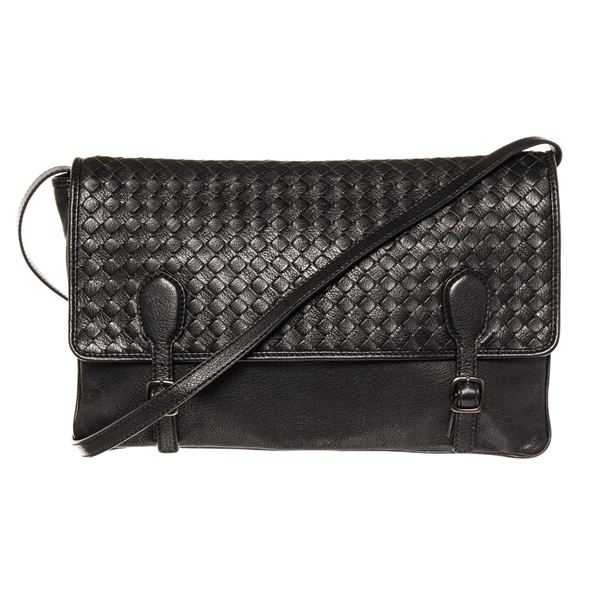 Bottega Veneta Black Intrecciato Leather Buckle Large Messenger Bag