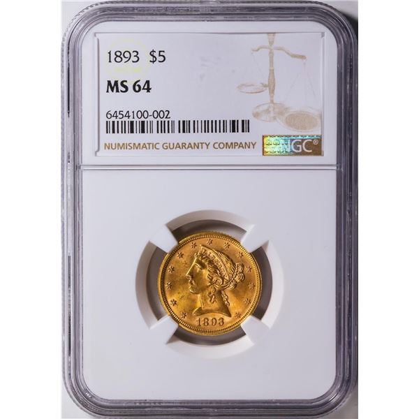 1893 $5 Liberty Head Half Eagle Gold Coin NGC MS64