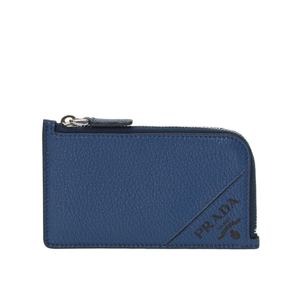 Prada Navy Blue Micro Grain Vitello Leather Zip Coin Card Case Purse