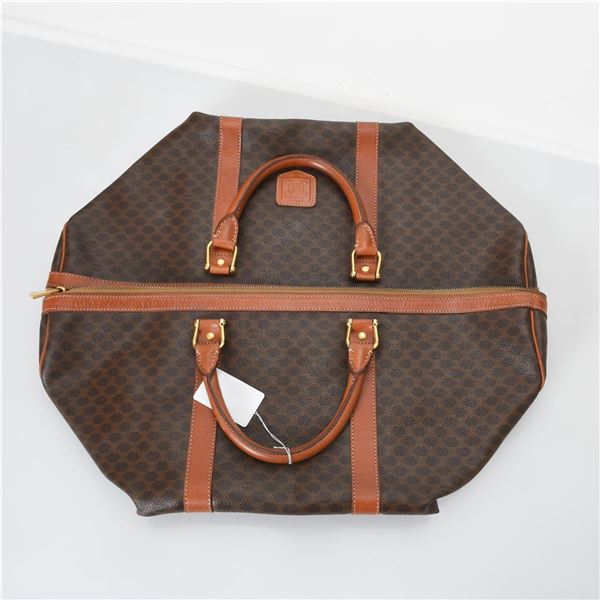 Celine Brown Canvas Leather Macadam Boston Travel Bag