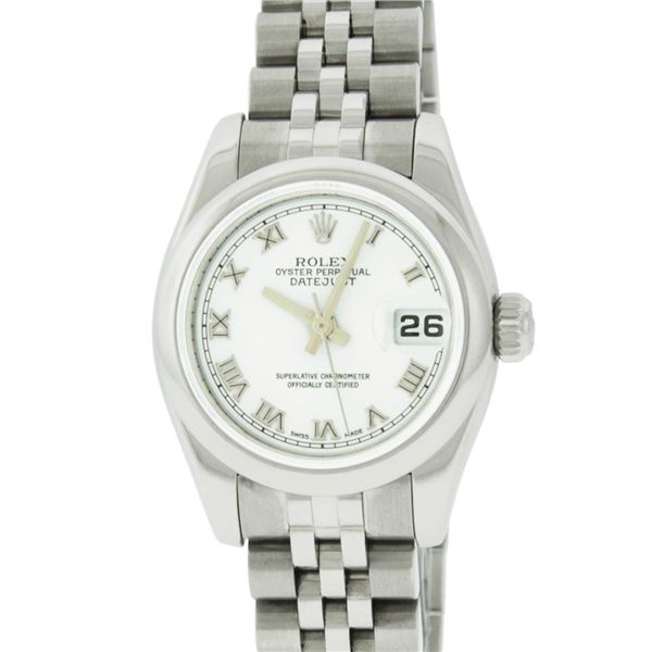 Rolex Ladies Stainless Steel White Roman Quickset Datejust Wristwatch