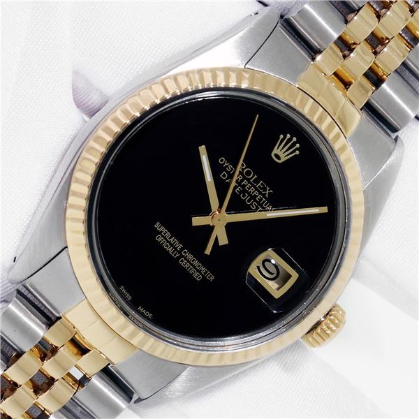 Rolex Men's Two Tone Black Onyx Oyster Perpetual Datejust Wristwatch With Box Booklets