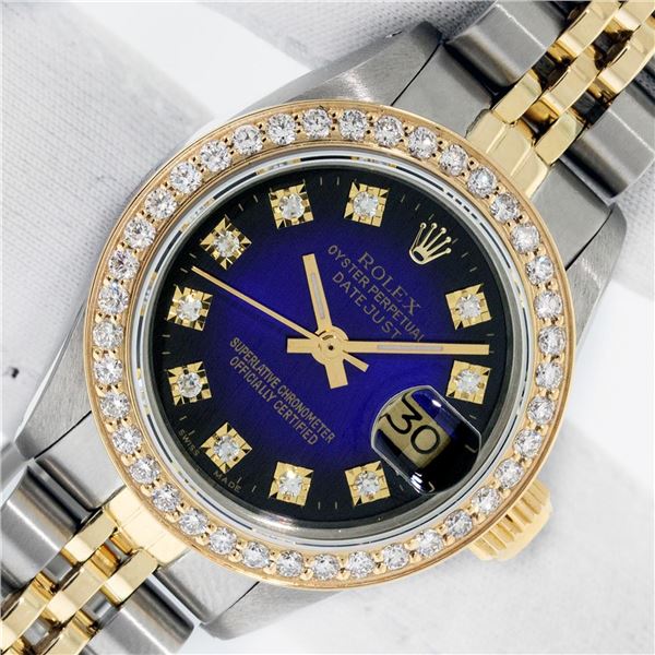 Rolex Ladies Two Tone Blue Vignette Diamond Oyster Perpetual Datejust Wristwatch