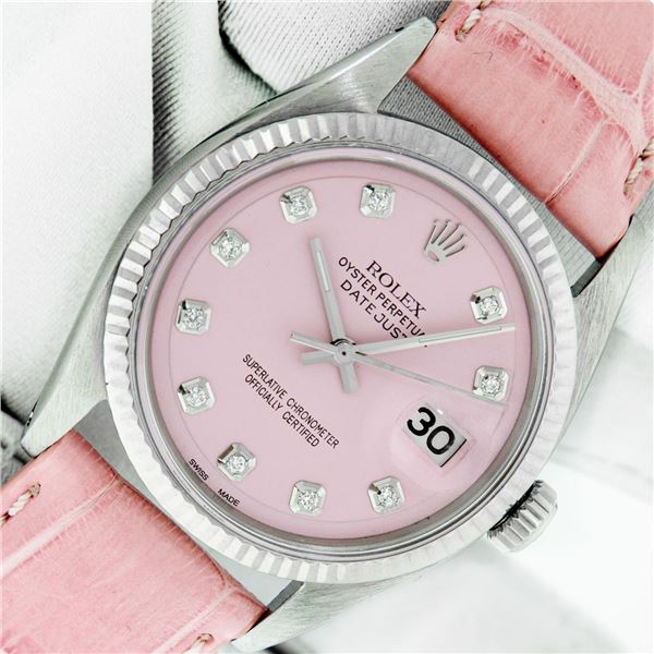 Rolex Men's Stainless Steel Pink Diamond Datejust Watch With Pink Leather Strap