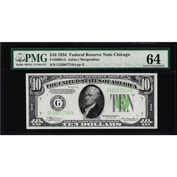 1934 $10 Federal Reserve Note Chicago Fr.2005-G PMG Choice Uncirculated 64