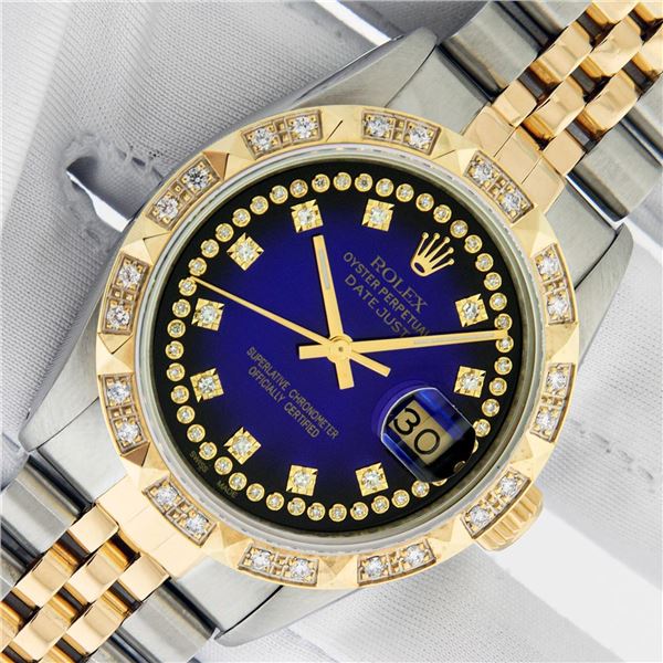 Rolex Men's Two Tone Blue Vignette Pyramid Diamond Datejust Wristwatch