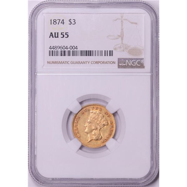 1874 $3 Indian Princess Head Gold Coin NGC AU55