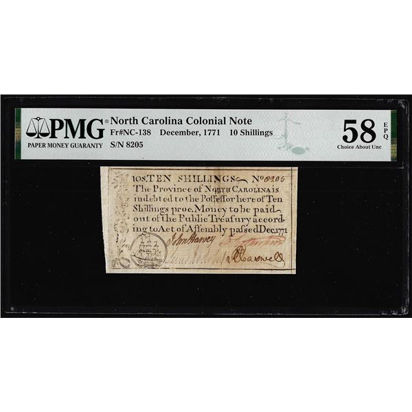 December 1771 North Carolina 10 Shillings Colonial Note PMG Choice About Unc. 58EPQ