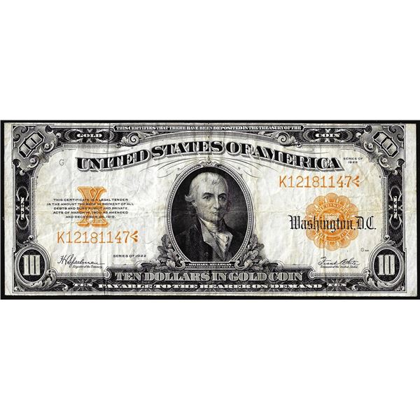 1922 $10 Gold Certificate Note