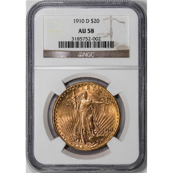 1910-D $20 St. Gaudens Double Eagle Gold Coin NGC AU58