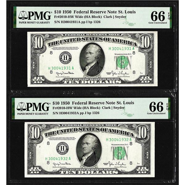 Lot of (2) Consecutive 1950 $10 Federal Reserve Notes STL PMG Gem Uncirculated 66EPQ