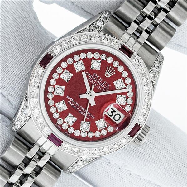 Rolex Ladies Stainless Steel Red Diamond & Ruby Datejust Wristwatch