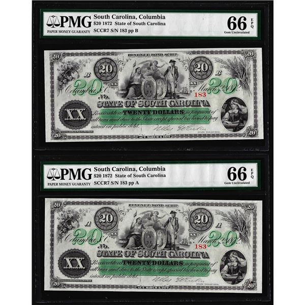 Lot of (2) 1872 $20 State of South Carolina Obsolete Note PMG Gem Uncirculated 66EPQ